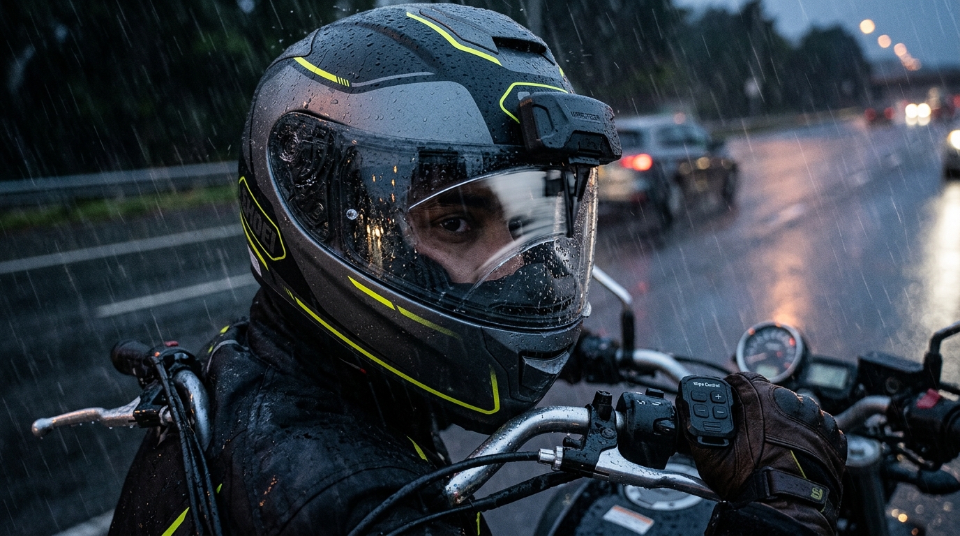 Rider in heavy rain with Bikerguard clearing visor