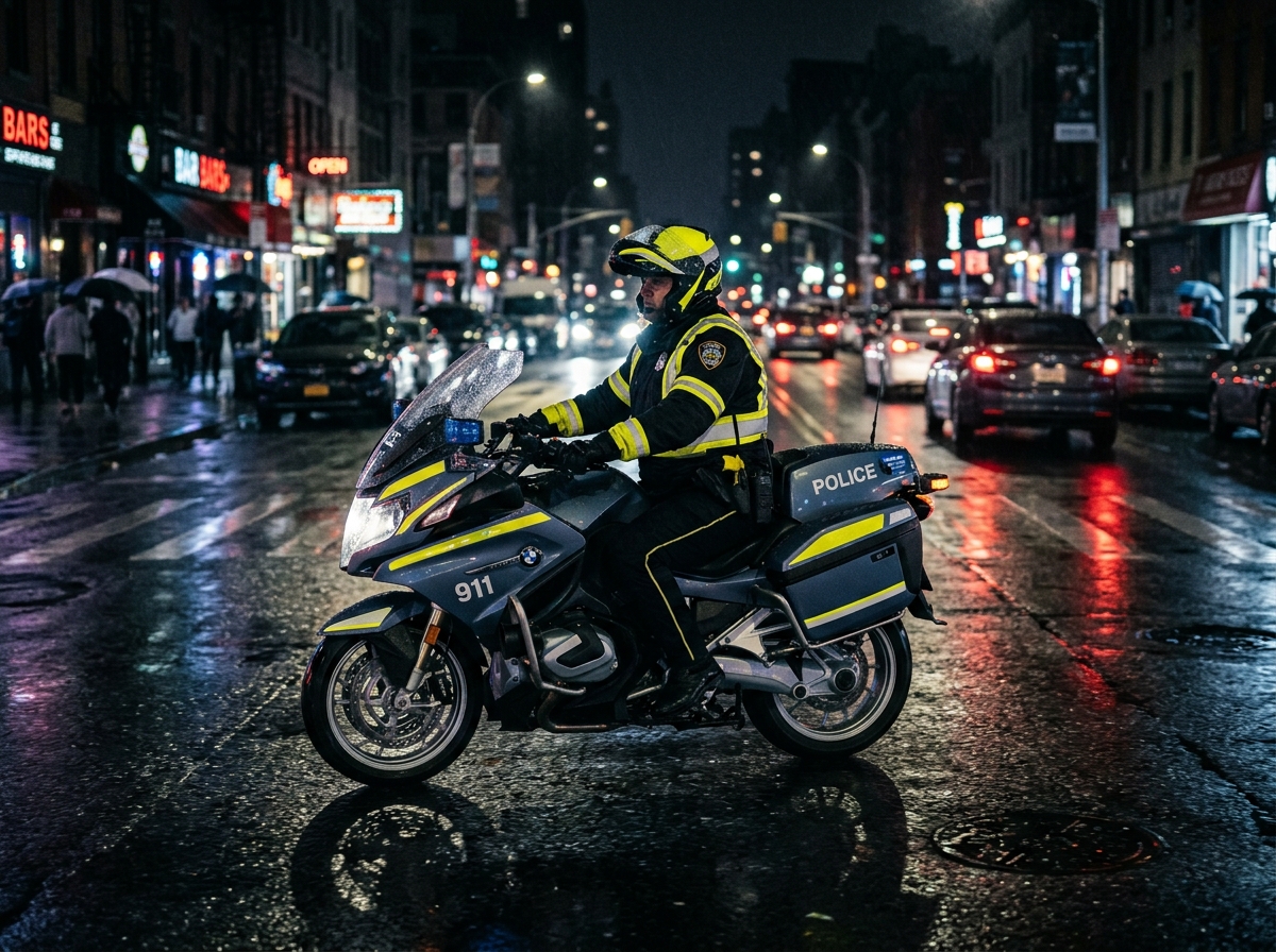 Police motorcycle patrolling in rain